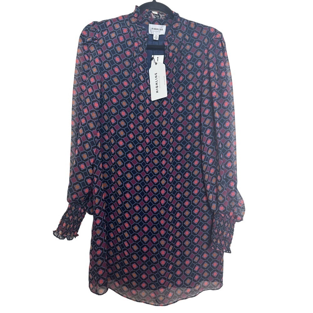 Highline Collective Geometric Print Ruffled Collar Chiffon Sheer Sleeves Dress